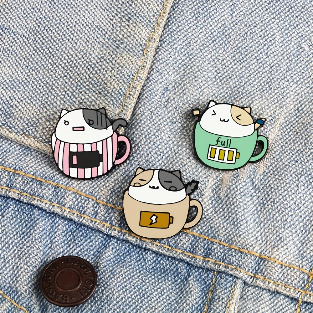 Cat & Coffee Cup Brooch Cat Badge Collar Pin for Men