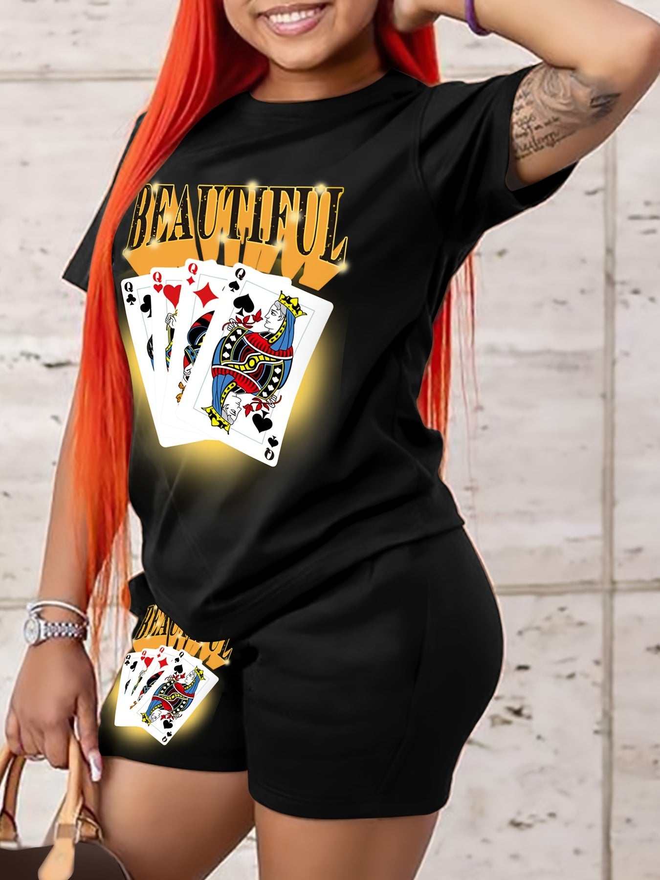  Poker & Letter Print Tee & Biker Shorts Set