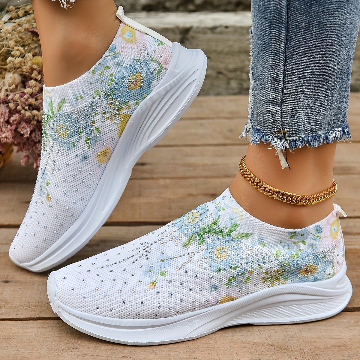 Women's Rhinestone Floral Print Slip-On Sneakers