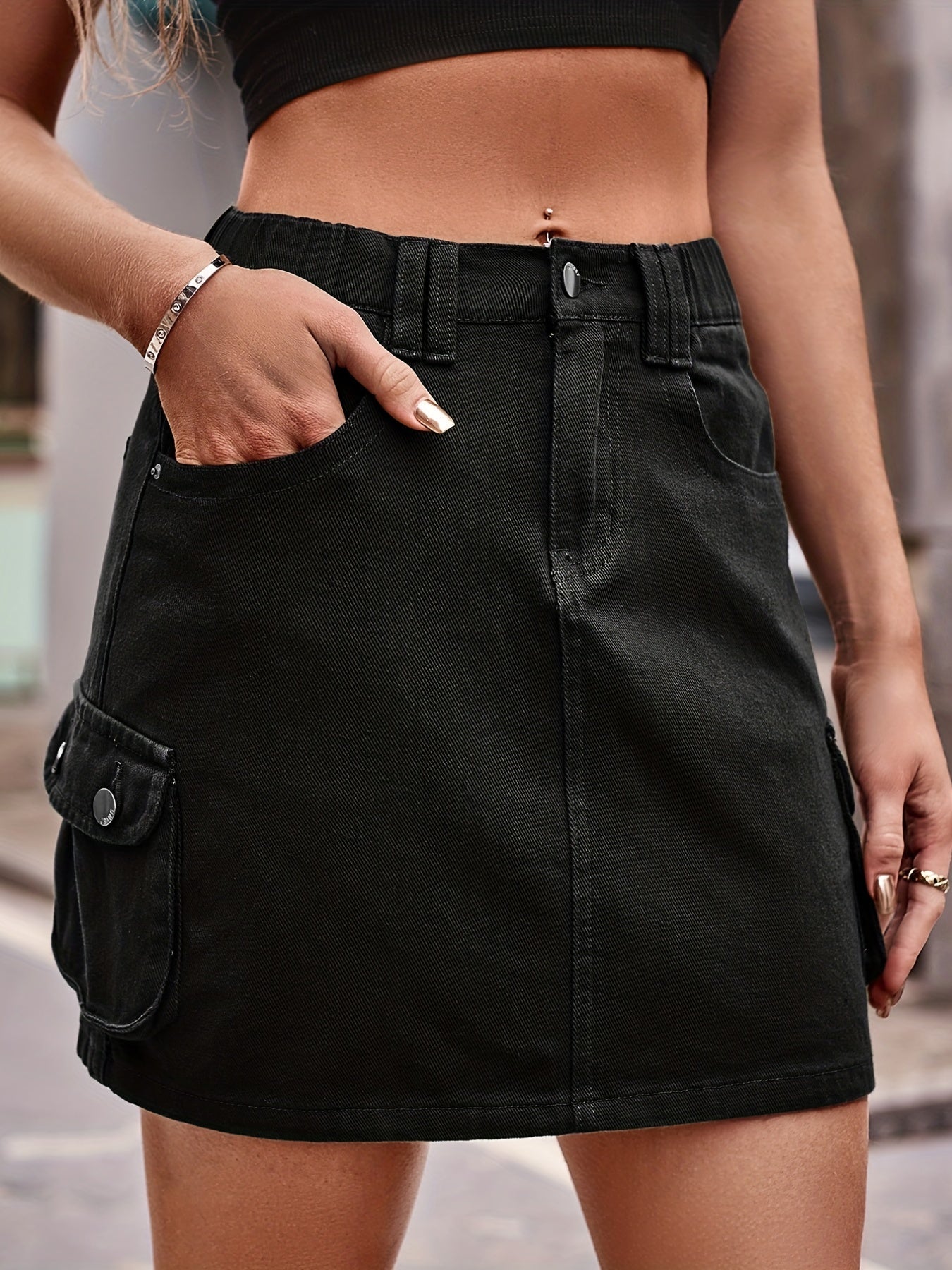 High Waist Denim Skirt Loose Fit High Rise Flap Pockets