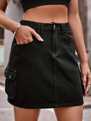 High Waist Denim Skirt Loose Fit High Rise Flap Pockets
