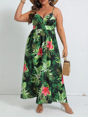  Boho Dress Women's Plus Tropical Print V Neck Nipped Waist Pleated Cam