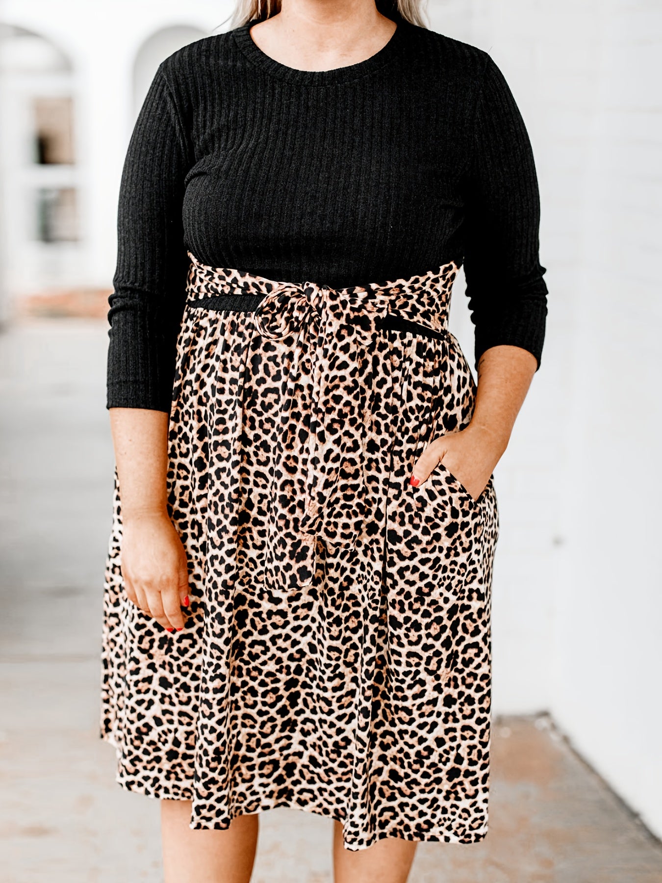  Colorblock Leopard Print Ribbed Long Sleeve Round Neck Dress