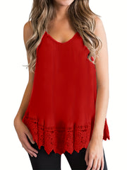  Tank Top Solid Contrast Lace Trim V Neck Stretch Tank Top