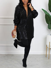  Sequin Long Sleeve Shirt Dress