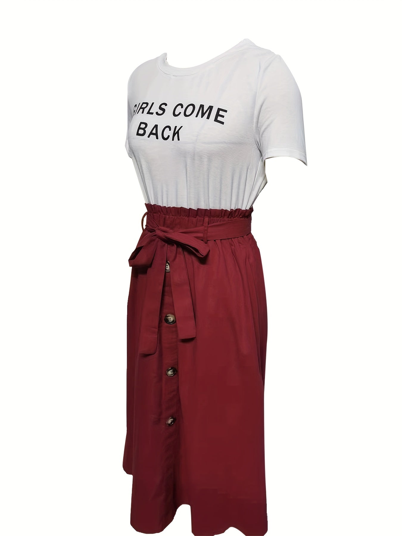 Letter Print T-shirt & Button Front Midi Skirt Set