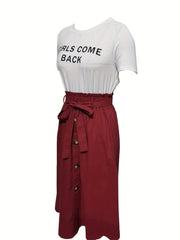 Letter Print T-shirt & Button Front Midi Skirt Set