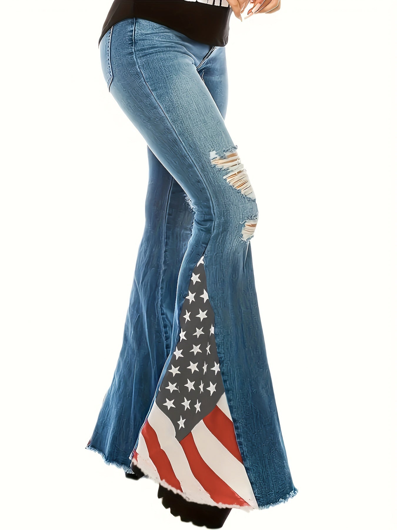 Plus Colorblock Flag Print Ripped High Stretch Flared Jeans