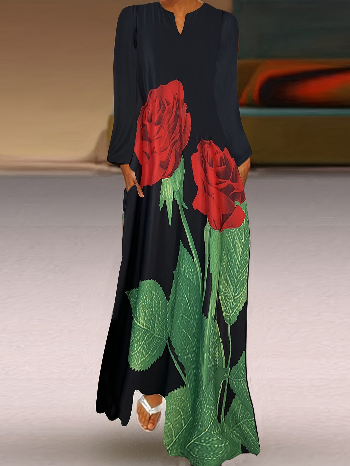  Rose Print V Neck Maxi Dress