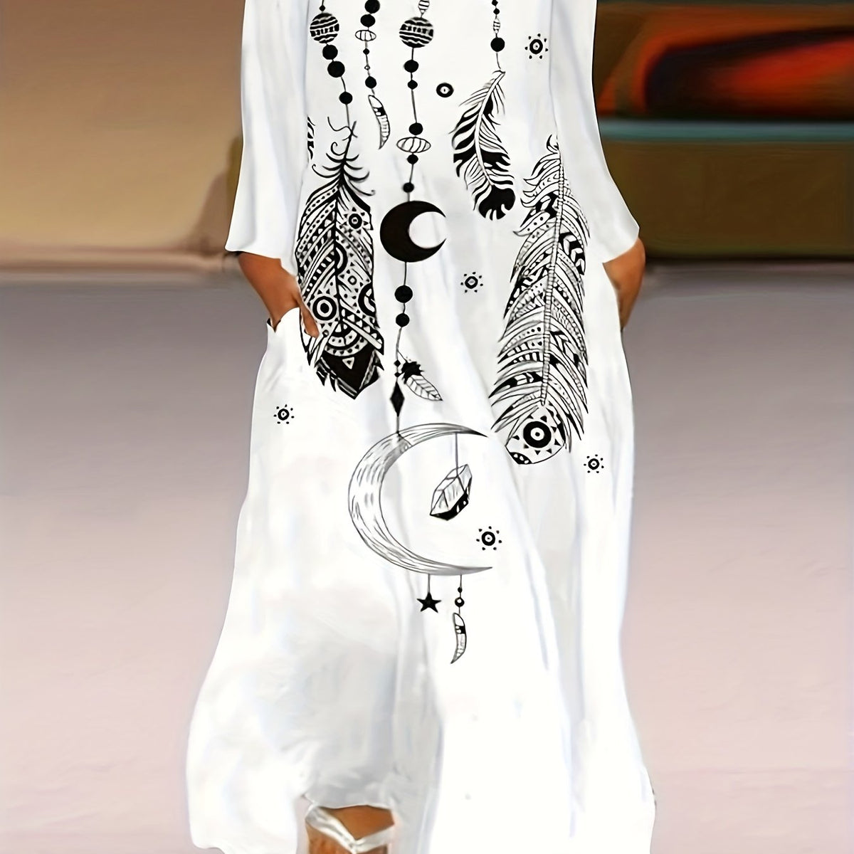  Moon & Feather Print Maxi Dress with Pockets