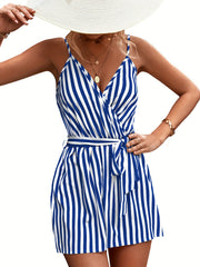 Striped Belted Cami Romper Jumpsuit V neck Women's Clothing