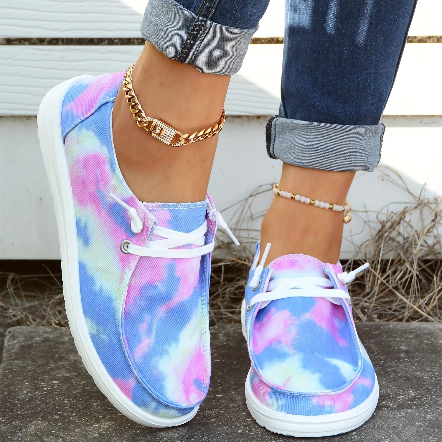 Women's Tie Dye Boat Shoes Lightweight Canvas Comfy Flat Walking Shoes