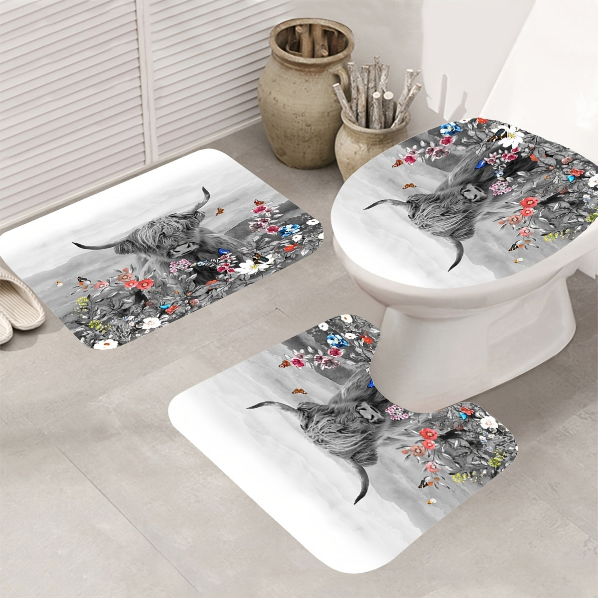 Cow Flower Shower Curtain & Rugs Set