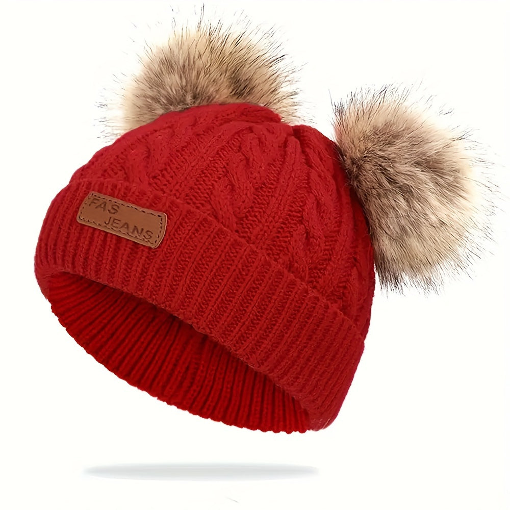 Kids Double Fur Ball Beanie Knitted Hat Autumn Winter Warm Ear Protection