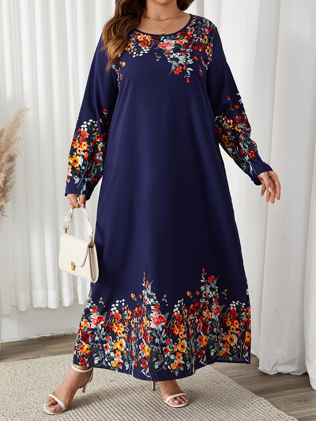  Floral Print Long Sleeve Abaya Dress