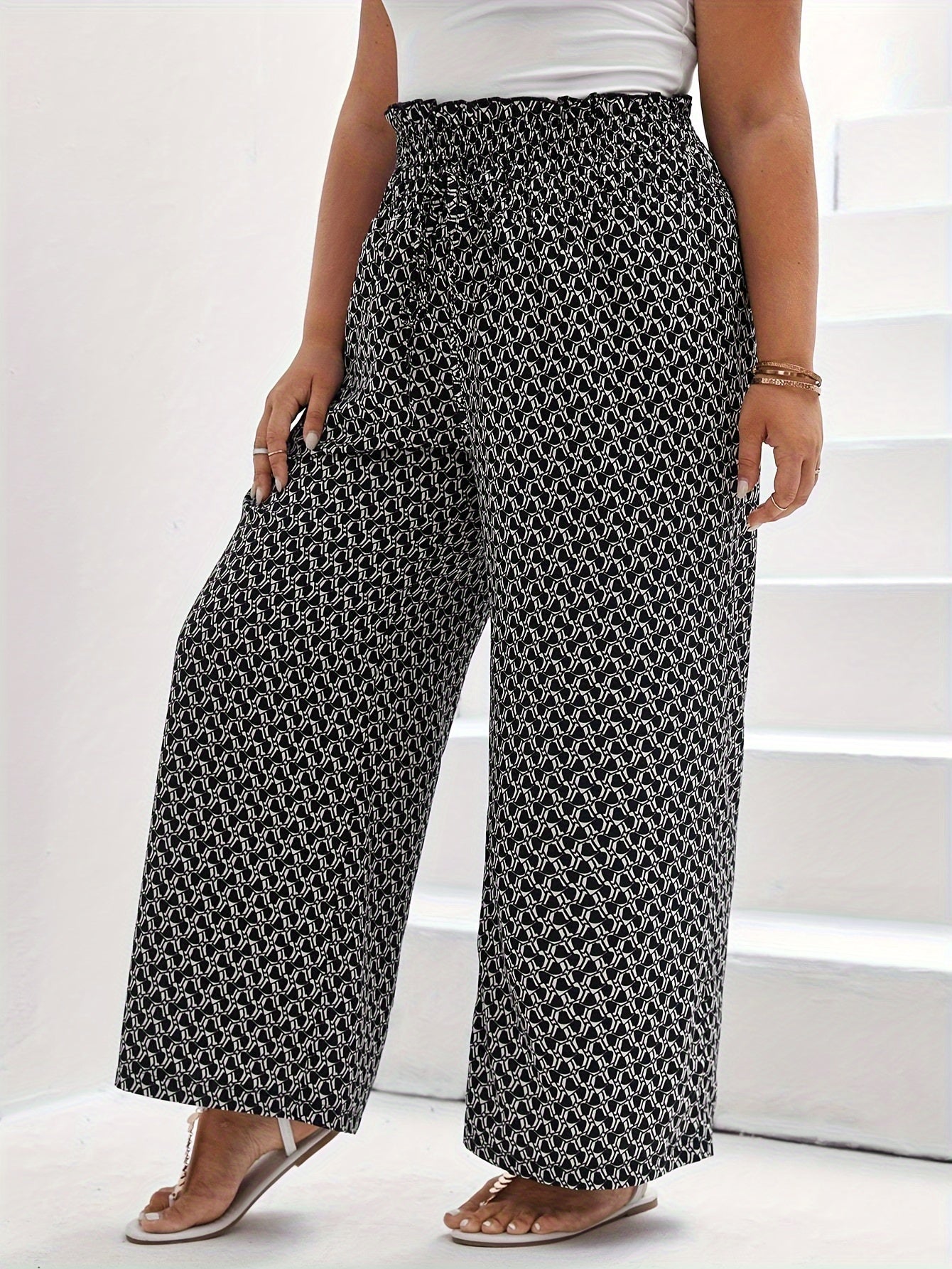  Wide Leg Trousers Allover Print Paperbag Waist