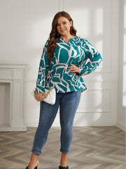  Blouse Women's Plus Print Long Sleeve Notched Neck Top