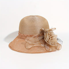 Embroidered Sun Hat Floral Decor Derby Hat Mesh Flower Bucket Hat