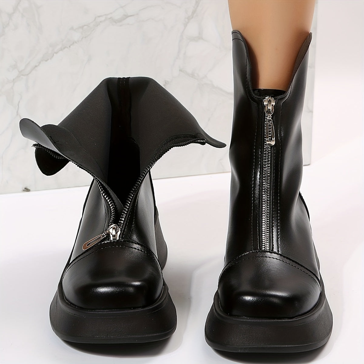 Square Toe Platform Ankle Boots Chunky Heeled Front Zip Combat Shoes