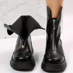 Square Toe Platform Ankle Boots Chunky Heeled Front Zip Combat Shoes