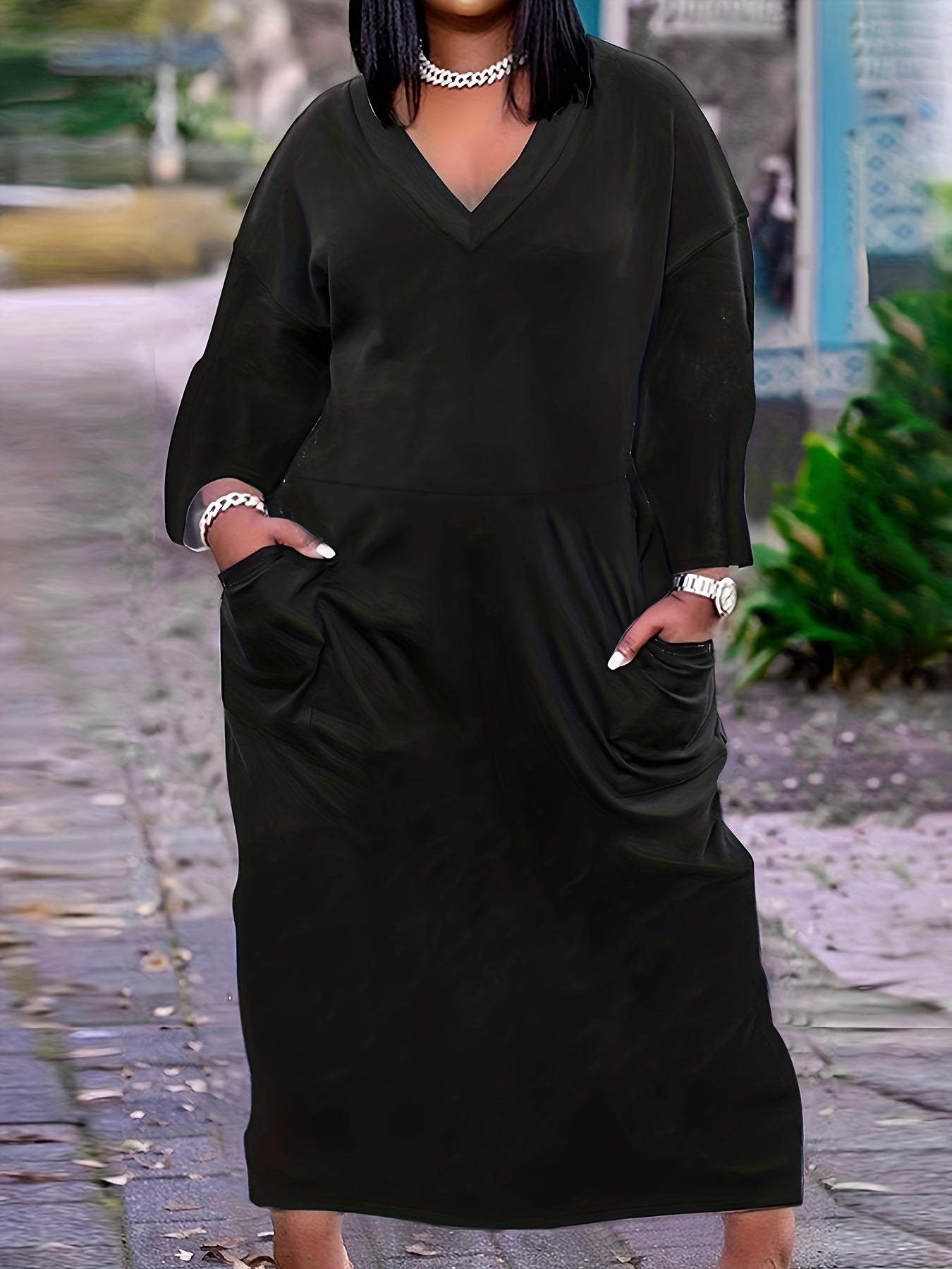  Solid Long Sleeve V Neck Maxi Dress