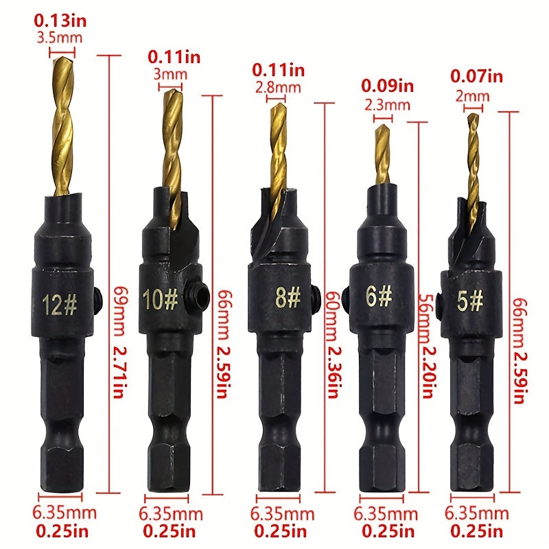 5pcs Woodworking Countersink Drill Bit Set for Pilot Holes 5-12 Size