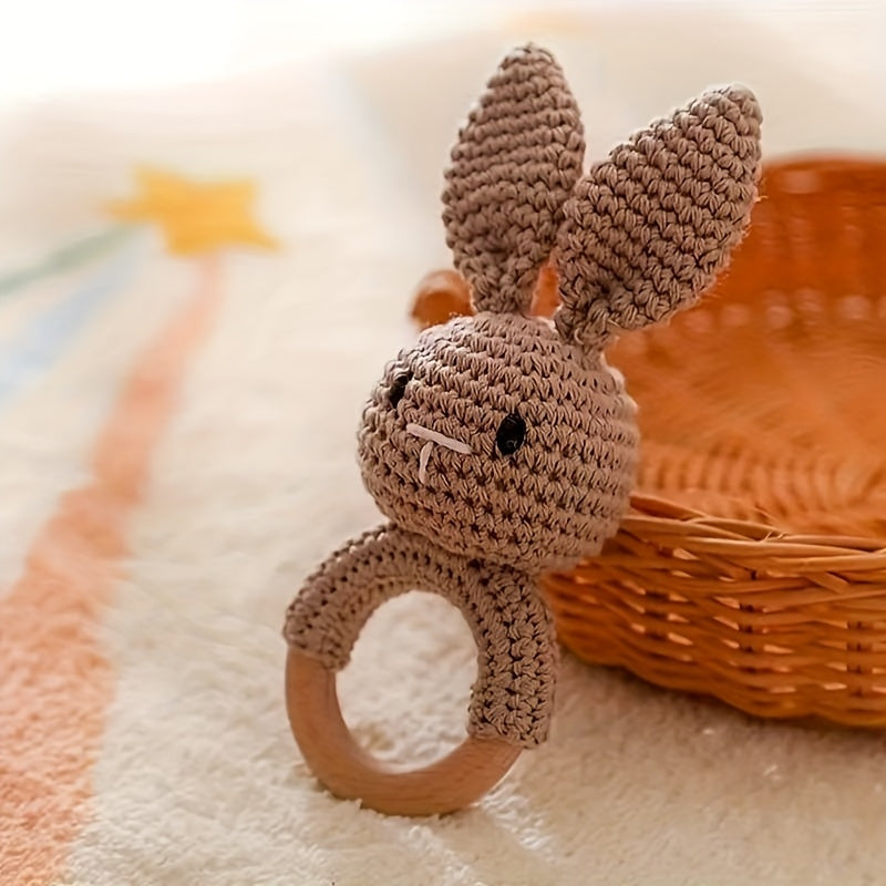 Handcrafted Rabbit Rattle Toy with Beechwood Handle