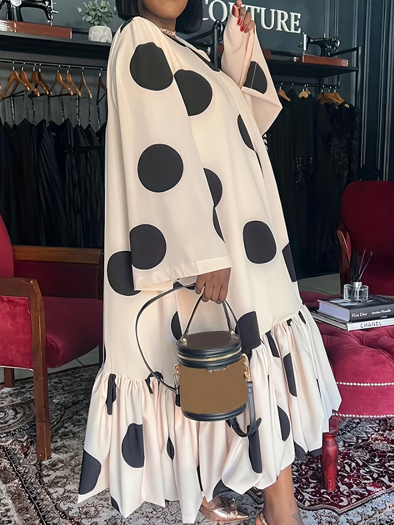  Polka Dot Print Long Sleeve Smock Dress