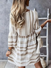  Geometric Print Bell Sleeve V Neck Mini Dress