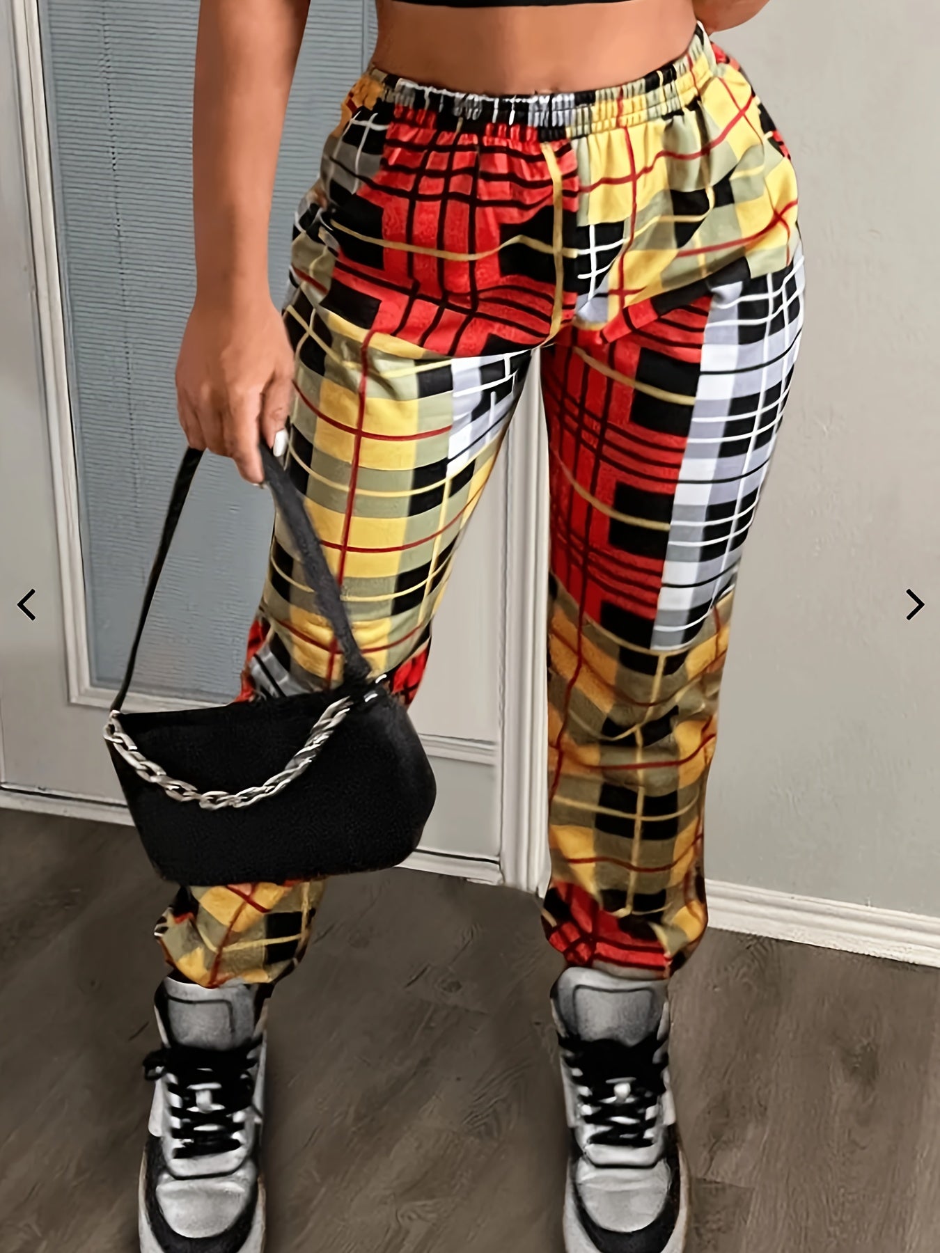  Colorblock Plaid High Waist Joggers