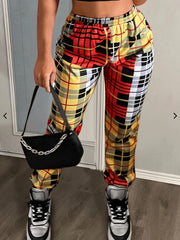  Colorblock Plaid High Waist Joggers