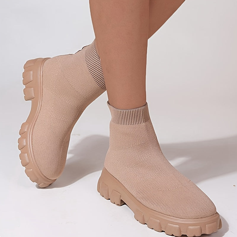 Women's Knitted Ankle Boots Solid Round Toe Slip on Boots