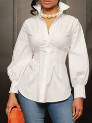  Casual Blouse Button Up Lantern Sleeve Turn Down Collar Blouse