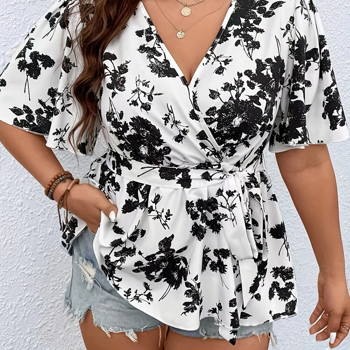  Boho Blouse Ruffle Sleeve Peplum Top