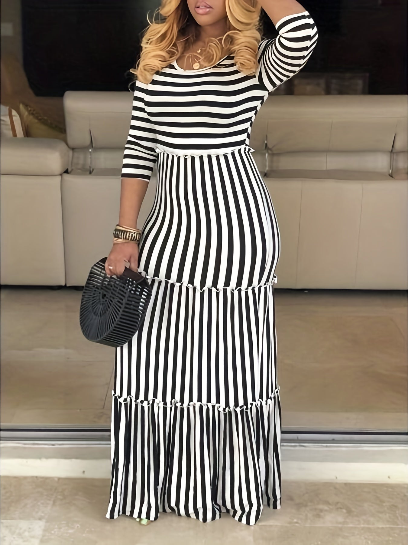  Women's Stripe Print Maxi Smock Dress