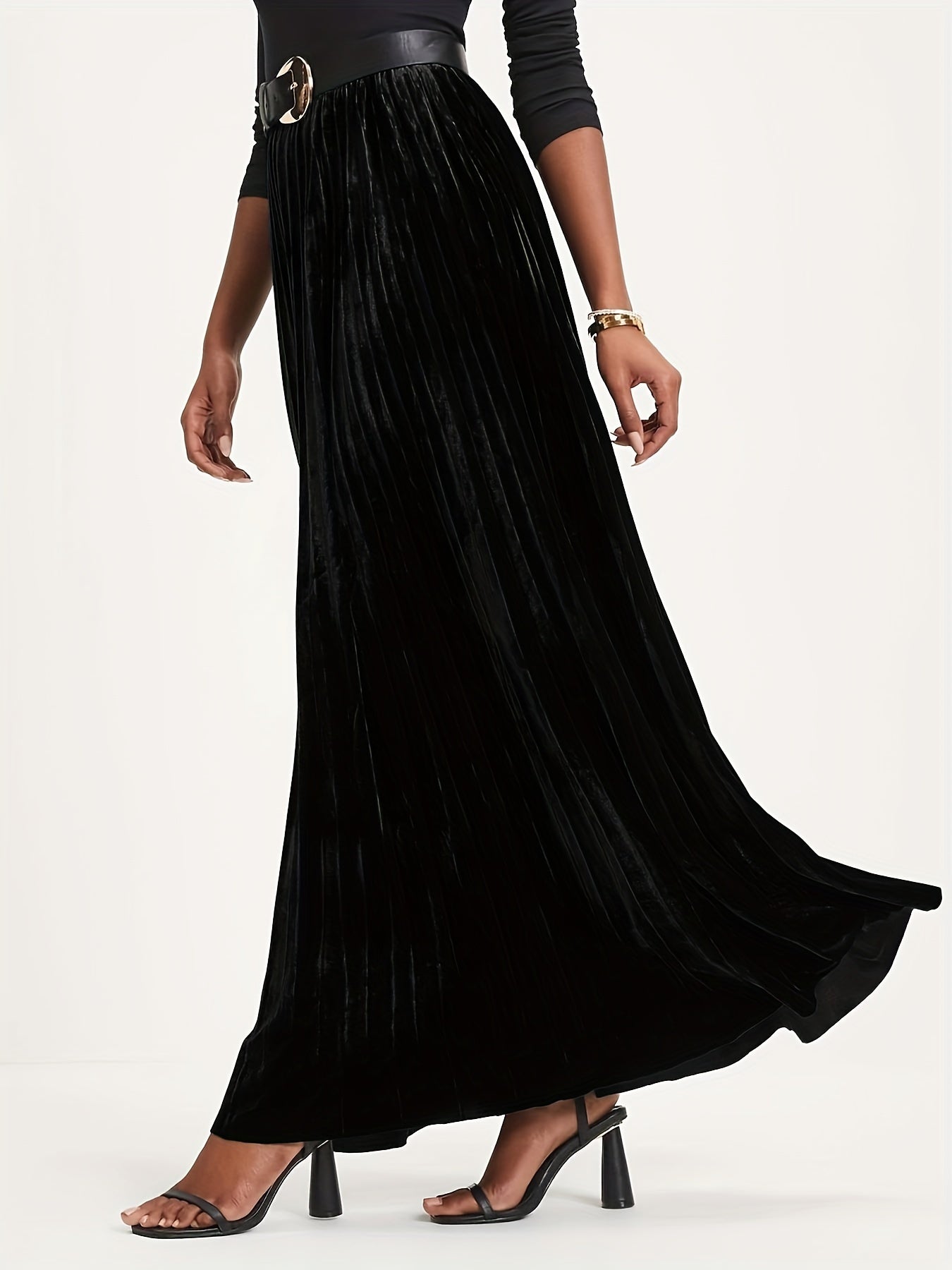  Velvet High Rise Maxi Pleated Skirt