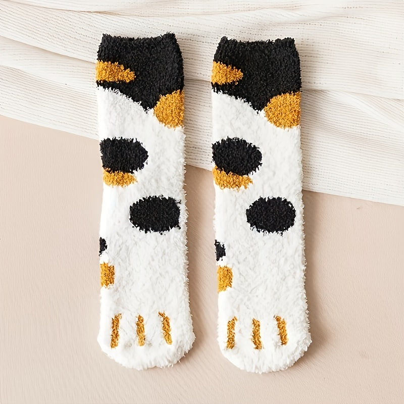 4 Pairs Cat Claw Print Socks Comfy & Fuzzy Warm Socks Women's Stockings