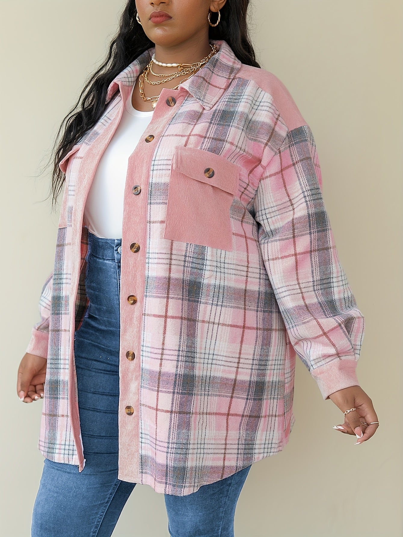  Plaid Button Up Lantern Sleeve Tunic Shirt