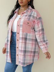  Plaid Button Up Lantern Sleeve Tunic Shirt