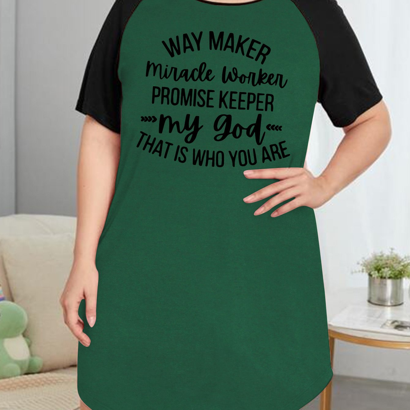  Casual Nightdress Women's Plus Raglan Sleeve Round Neck Sleep Dress