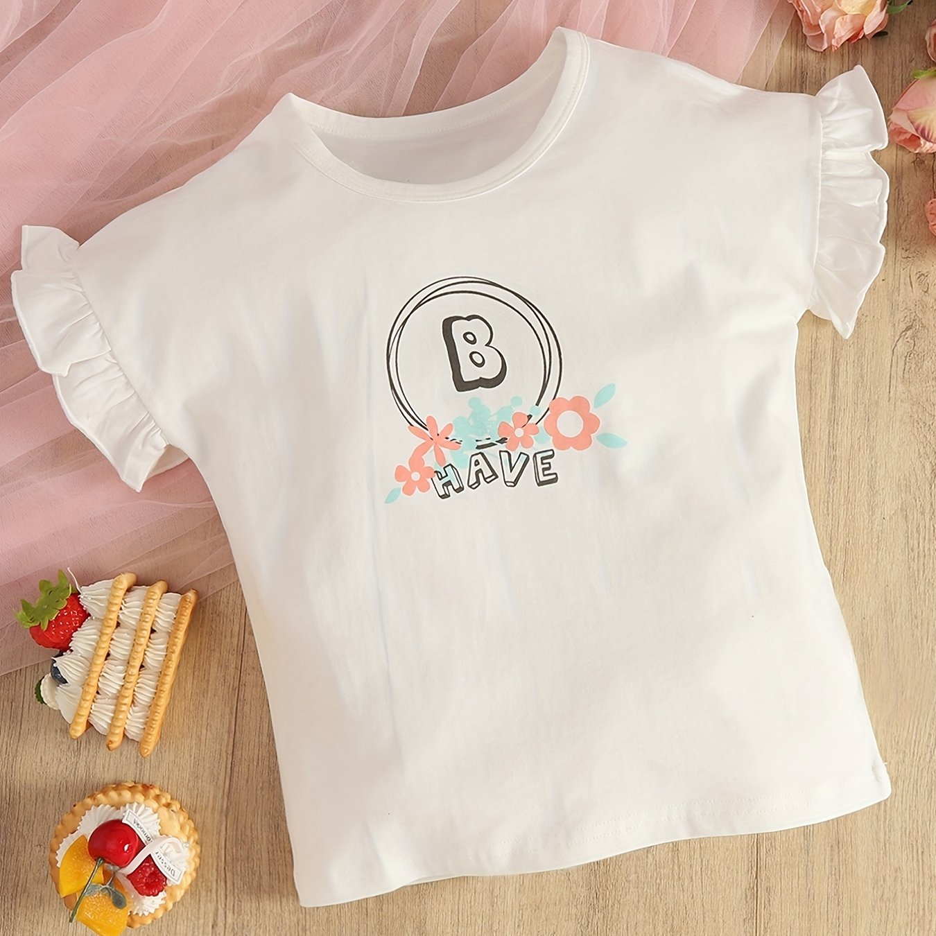 Baby Girls Letter Print Ruffle Trim T-shirt for Summer