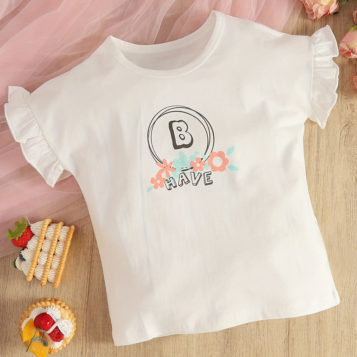 Baby Girls Letter Print Ruffle Trim T-shirt for Summer