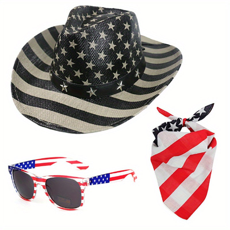 American Flag Cowboy Hat with Glasses Scarf