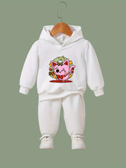 Winking Kitty Print Hoodies Pants Set For Kids Fall Sports