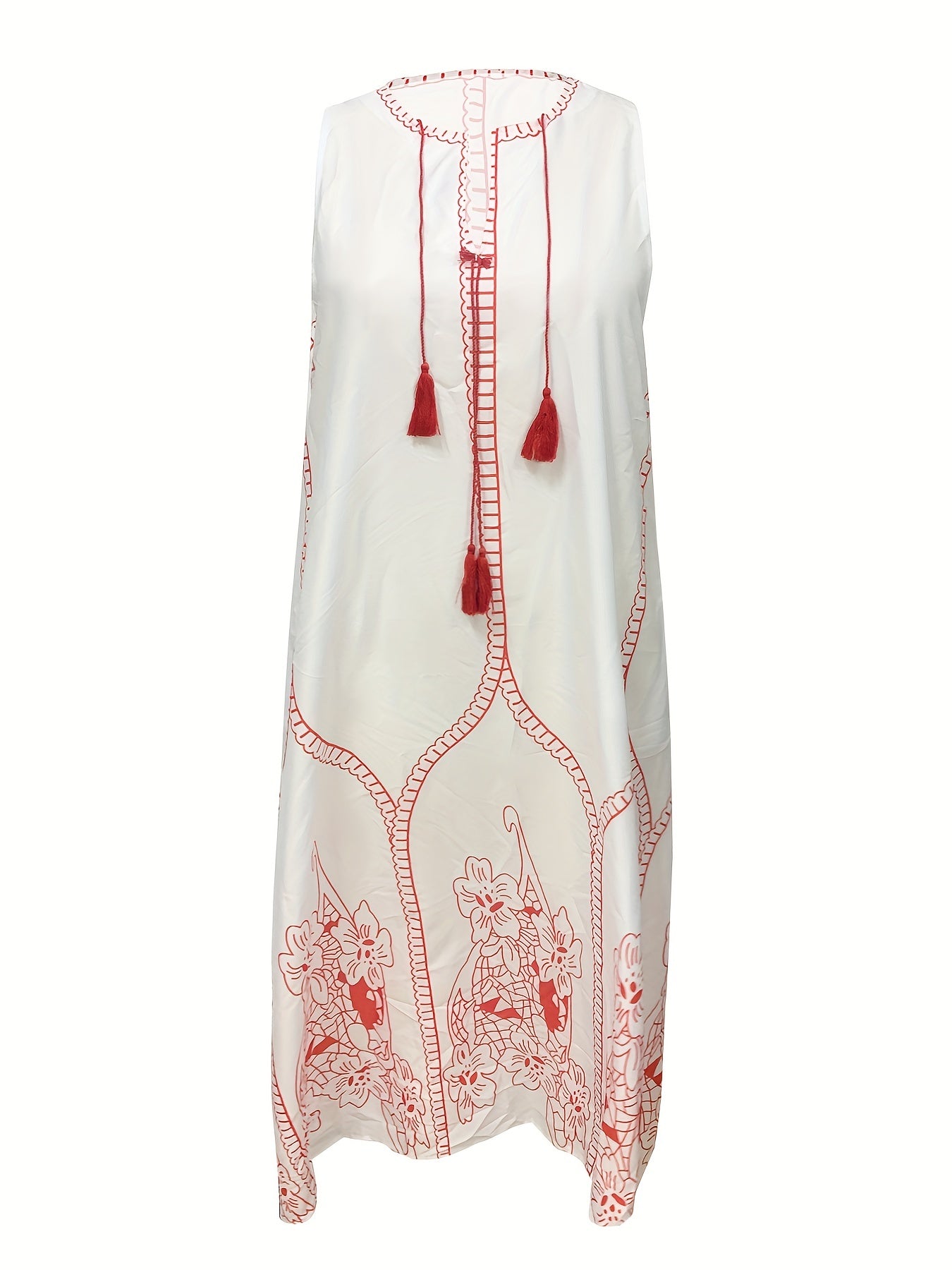 Women's Plus Floral Print Notched Neck Tassel Tank Dress