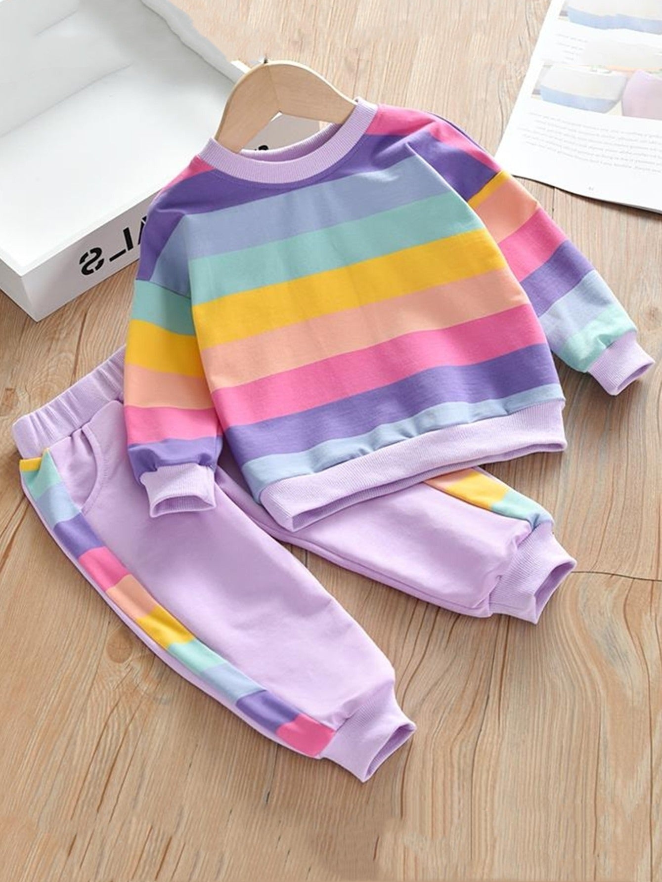 Girls Rainbow Striped Sweatshirt & Pants Set