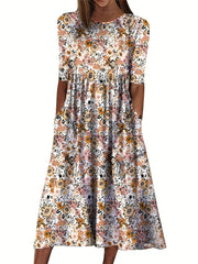 Floral Print Short Sleeve Plus Size Casual Dress with Pockets