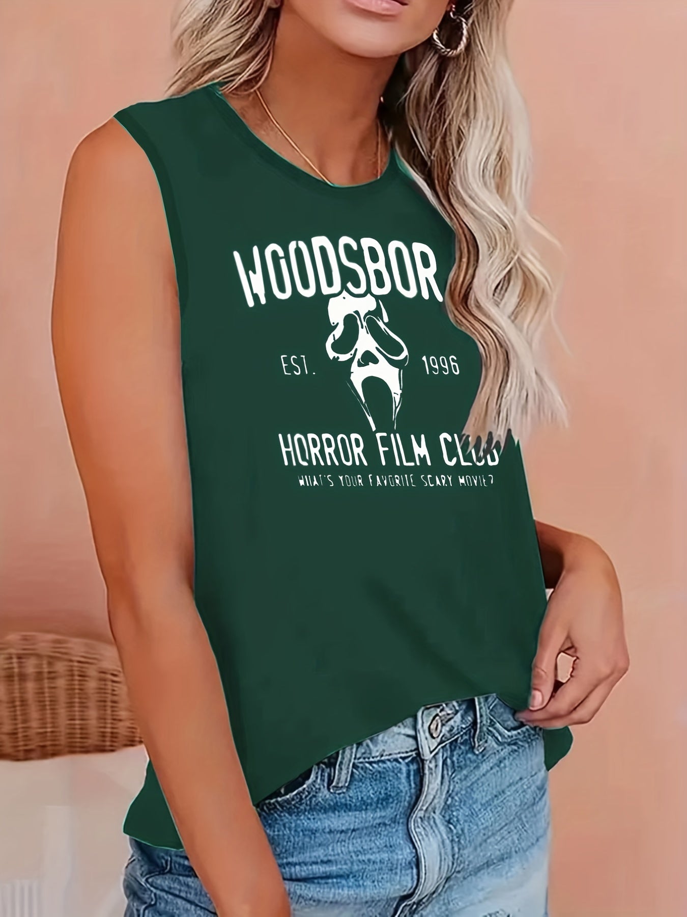  Skull Print Round Neck Tank Top