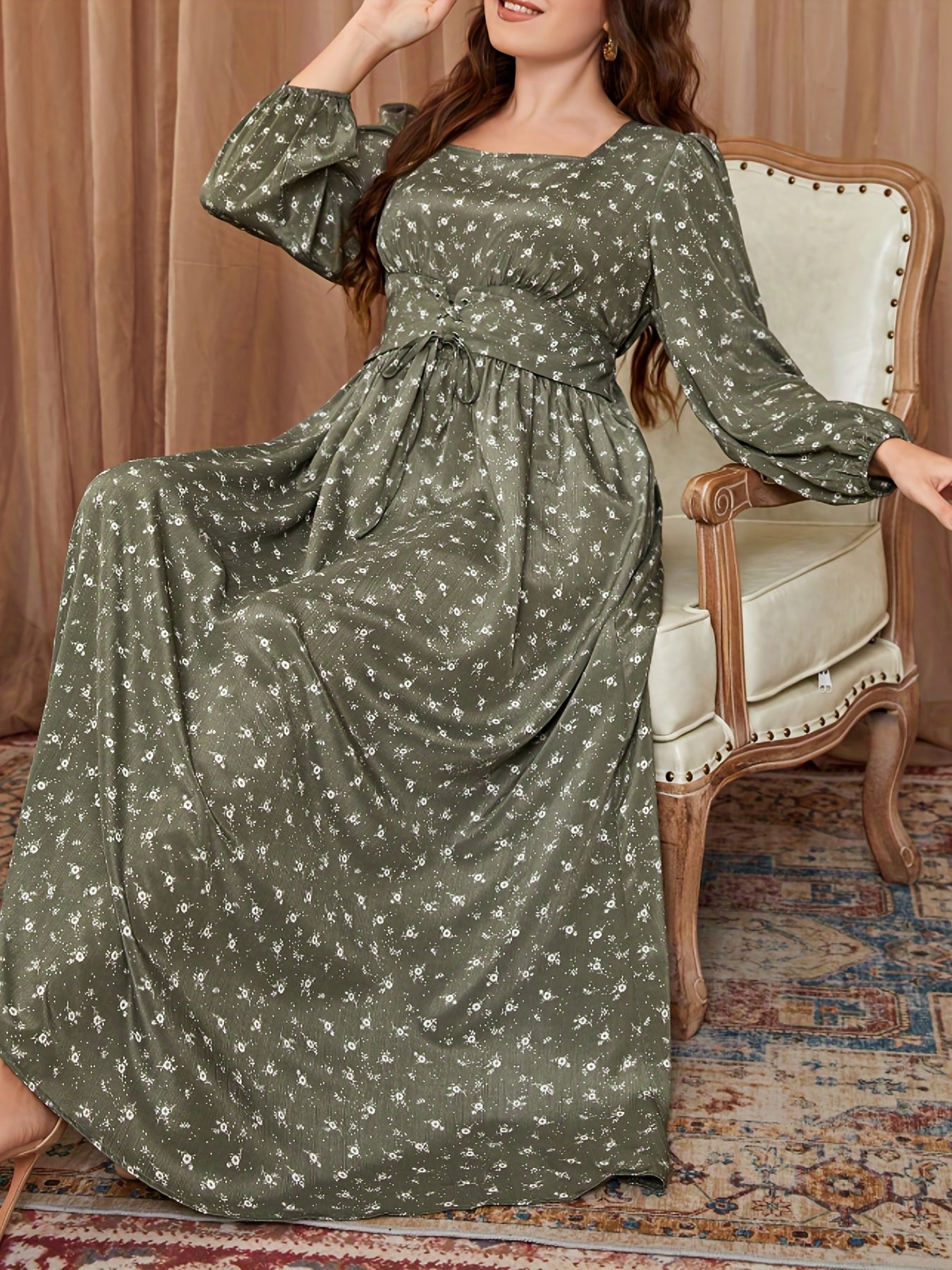 Plus Size Retro Dress Women's Plus Ditsy Floral Print Lantern Sleeve Square Neck