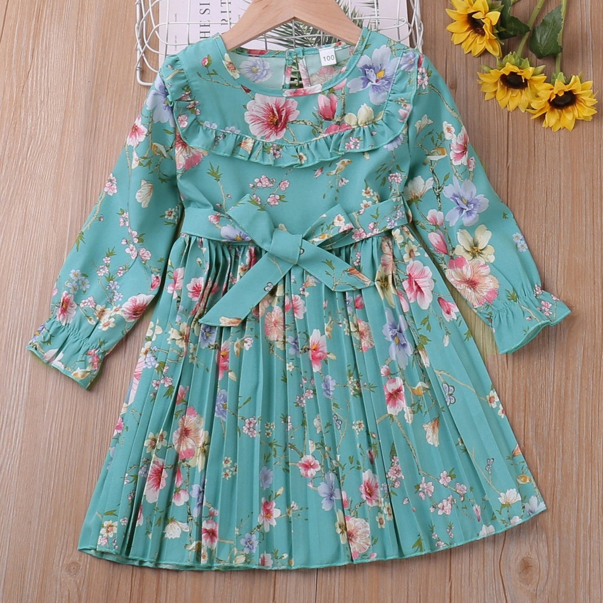 Girls Floral Botanical Print Long Sleeve Dress